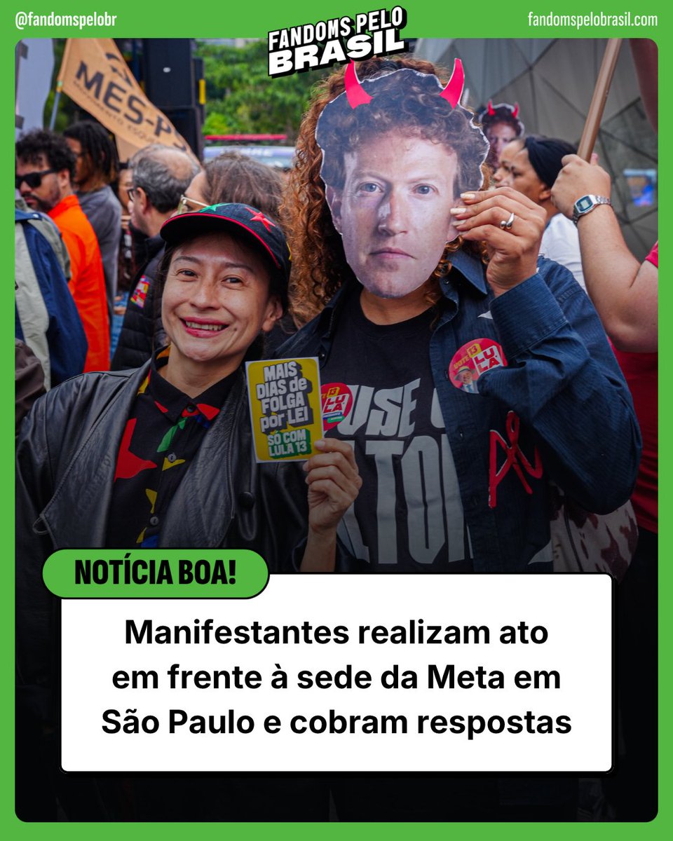 fandomspelobr's tweet photo. Nesta segunda-feira (19), manifestantes se reuniram em frente à sede da Meta, na Faria Lima, em São Paulo, para cobrar transparência e respostas sobre denúncias de interferência nas eleições brasileiras.

O protesto aconteceu após investigações jornalísticas levantarem questionamentos sobre a atuação da Meta durante o período eleitoral, incluindo possíveis restrições de alcance, moderação desigual de conteúdos e falta de transparência nos algoritmos.

Nós também já vínhamos percebendo movimentações estranhas em nossas páginas, e os relatos que surgiram acenderam um alerta ainda maior. Se confirmadas, essas práticas ultrapassam qualquer limite aceitável e colocam em risco a confiança no debate público.

Durante o ato, organizações tentaram entregar uma notificação extrajudicial à Meta, mas não foram recebidas formalmente. A mobilização também ganhou repercussão na imprensa, ampliando a cobrança por esclarecimentos.

Nosso agradecimento à @vek_tra e a todas as pessoas e organizações que estiveram por trás dessa mobilização!

Não podemos nos calar‼️