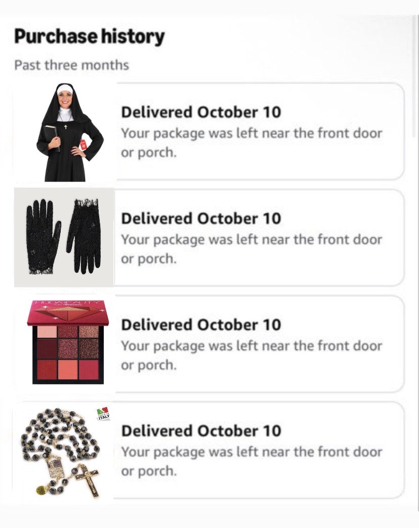 calmcabin's tweet photo. i hope whoever stole my package was also planning to be nun luke hemmings for halloween https://t.co/f1o9qExZNB
