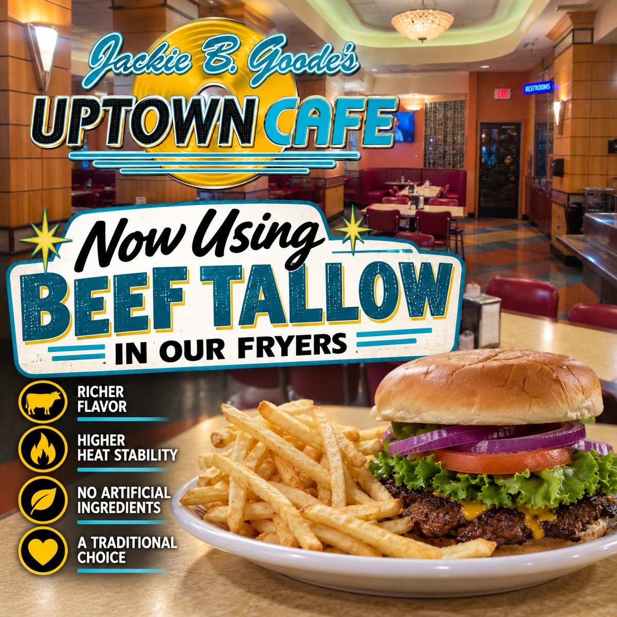 UptownCafe76's tweet photo. Old-school flavor, done right! 🍟 We’re now using beef tallow in our fryers at Jackie B. Goode’s Uptown Cafe. Stop by for golden shoestring fries and a taste of the good ol’ days in Branson! #Branson #BeefTallow https://t.co/vNm2JGaFeP
