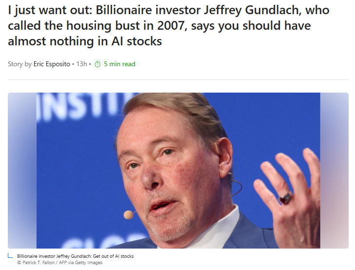 Barchart's tweet photo. You should have almost zero invested in AI stocks, warns Bond King Jeffrey Gundlach, who believes a big drop is coming 🚨 🚨 https://t.co/pVGY8uTmTe
