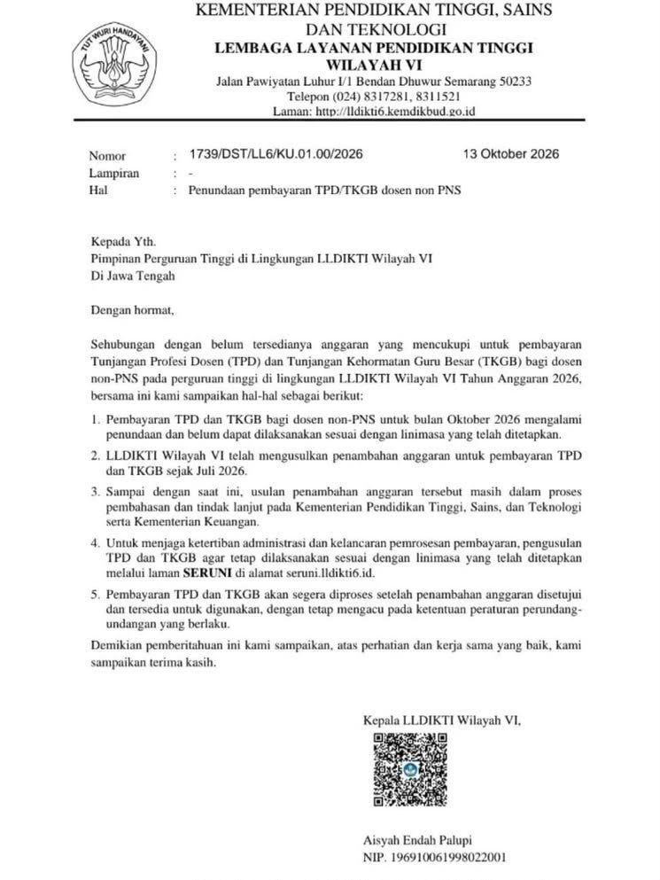 LambeSahamjja's tweet photo. BREAKING NEWS
EFESIENSI ANGGARAN SUDAH SAMPE KE KANTONG DOSEN DOSEN

pembayaran tunjangan dosen non-pns untuk bulan oktober 2026 ditunda
surat ini ditujukan ke pimpinan perguruan tinggi di jawa tengah

tunjangan apa
tpd: tunjangan profesi dosen
tkgb: tunjangan kehormatan guru besar

alasannya
anggaran yang tersedia belum cukup untuk membayar tpd dan tkgb dosen non-pns tahun 2026
