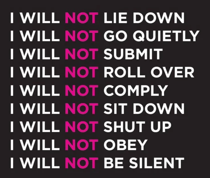 I will not lie down.
I will not go quietly.
I will not submit.
I will not roll over.
I will not comply.
I will not sit down.
I will not shut up.
I will not obey.
I will not be silent.