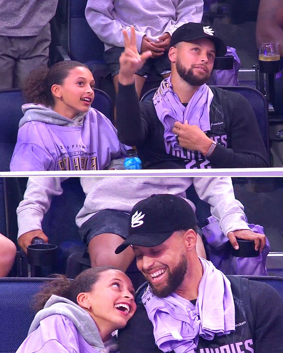 YahooSports's tweet photo. Steph Curry and his daughter Ryan supporting the Valkyries in Game 2 💜 https://t.co/YQkLX07nqz