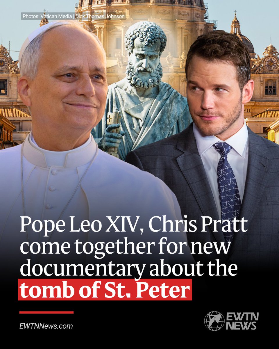 EWTNews's tweet photo. A new documentary is bringing Pope Leo XIV and Hollywood actor Chris Pratt together to dive into the history and archaeological discoveries surrounding the tomb of St. Peter at the Vatican.

“Pétros Ení — Discovering the Origins” was produced by AF Films in collaboration with Vatican Media and the Fabric of St. Peter to mark the 400th anniversary of the consecration of St. Peter’s Basilica, which took place on Nov. 18, 1626.

Taking viewers into areas rarely seen by the general public, the film journeys back in time all the way to the Roman necropolis, which has been preserved beneath St. Peter’s Basilica.

The documentary brings together documents from the Archives of the Fabric of St. Peter, contributions from Pietro Zander (one of the leading experts on the Vatican Necropolis), images and audio recordings of the popes, and archival footage from renowned epigrapher Margherita Guarducci.

Pope Leo appears in the final scenes to talk more about the figure of St. Peter and the significance of his tomb’s presence beneath the famous basilica.

Pratt, who is best known for his roles in “Guardians of the Galaxy” and “Jurassic World,” speaks publicly of his Christian faith and is married to a practicing Catholic. According to Vatican News, he said the experience of making this film deeply moved him and helped him “define my faith.”

“What I would like audiences to understand about Peter after watching this documentary is that he was an imperfect man,” Pratt said. “He was a weak man. He was a human being. And I believe we are all broken, imperfect, and weak. But his strength lies in the grace of Jesus and his faith in God. With that strength, through grace and faith, you can be incredibly strong.”

He added: “It was an incredible honor to collaborate with Pope Leo and the Vatican on this project. The story of St. Peter is foundational to the Christian faith, and I am deeply grateful for the trust and access I was given to bring his legacy to the screen.”

“Pétros Ení” — which refers to a Greek inscription that means “Peter is here” and is found near the apostle’s burial grounds — is scheduled to start its theatrical debut in February 2027, during the first few weeks of Lent.

Hallow Studios will be in charge of U.S. and Canada distribution, Bosco Films will handle the distribution in Spain, and Cinépolis +Que Cine will oversee its theatrical release in Mexico, Brazil, and Colombia.

“When I first saw this film it changed my life. I think it is one of the most beautiful things I’ve ever seen. It is an honor to get to partner together on it,” Alex Jones, Hallow CEO and co-founder, said in a statement. “And the fact that it is led by one of our core Hallow partners in Chris and features such a powerful reflection from Pope Leo is just truly extraordinary.”

Watch the first trailer for “Pétros Ení — Discovering the Origins,” released Oct. 16, below.

https://t.co/lb7xdpEcv6