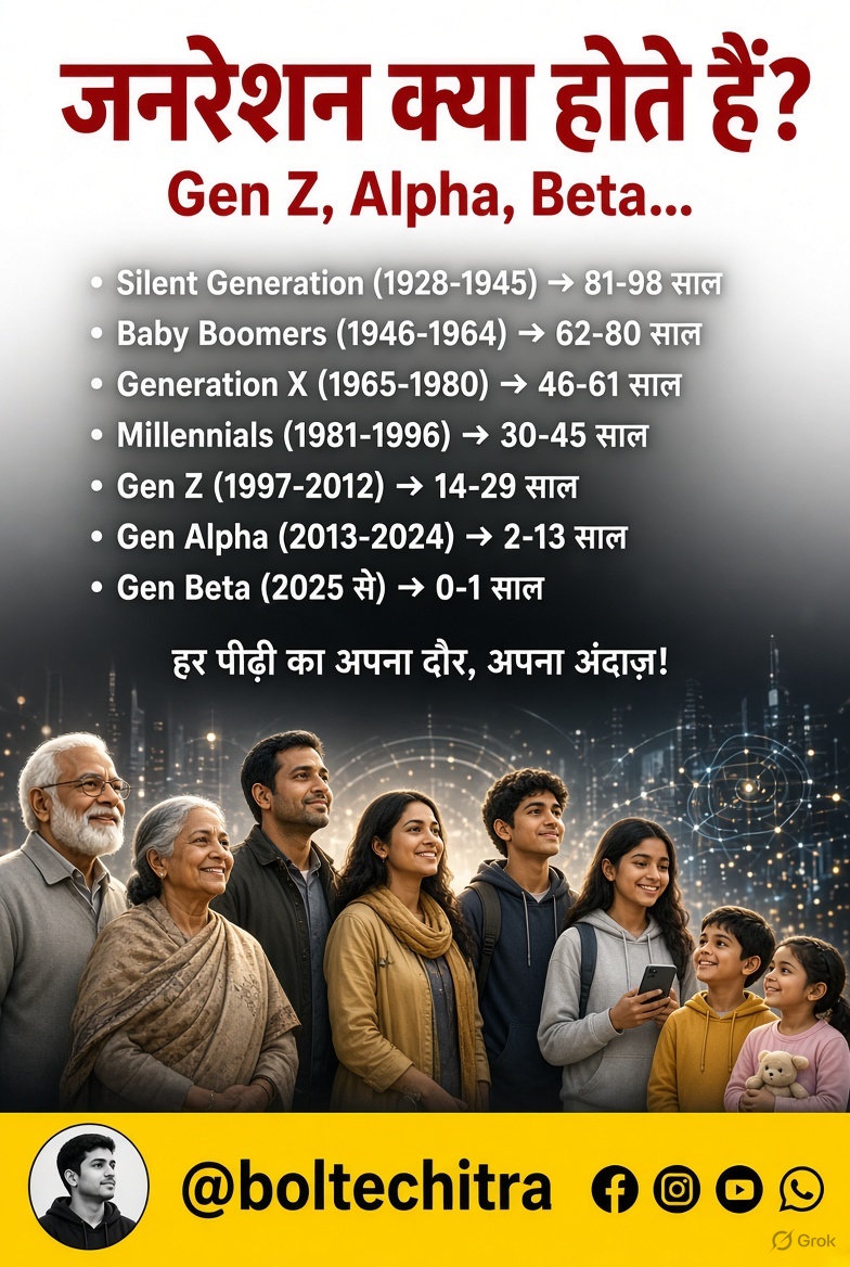 BolteChitra's tweet photo. जनरेशन क्या होते हैं?
Silent से लेकर Gen Beta तक — हर पीढ़ी का अपना दौर और अंदाज़!
आप कौन सी जनरेशन से हैं? कमेंट में बताओ 👇
#bus_yun_hi #boltechitra #GenZ #GenAlpha #GenBeta #Millennials #Generations #Bharat https://t.co/791tY1h1px