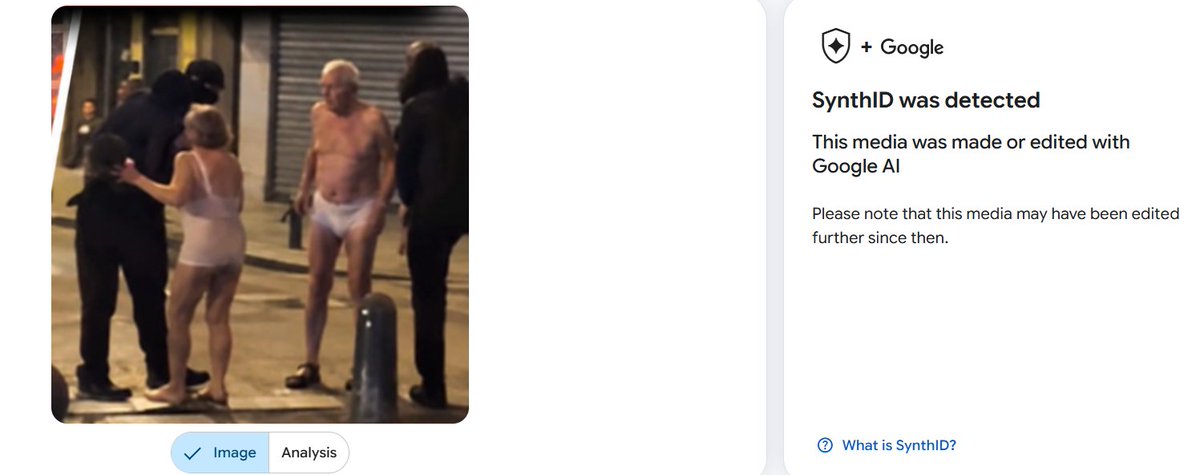 Shayan86's tweet photo. This image, viewed over 6 million times and retweeted over 63,000 times, claims to show an elderly couple stripped down and robbed by rioters in France.

The image is AI-generated, and was created with Google AI, as detected by SynthID watermarks in the image. https://t.co/zj8IySysEH
