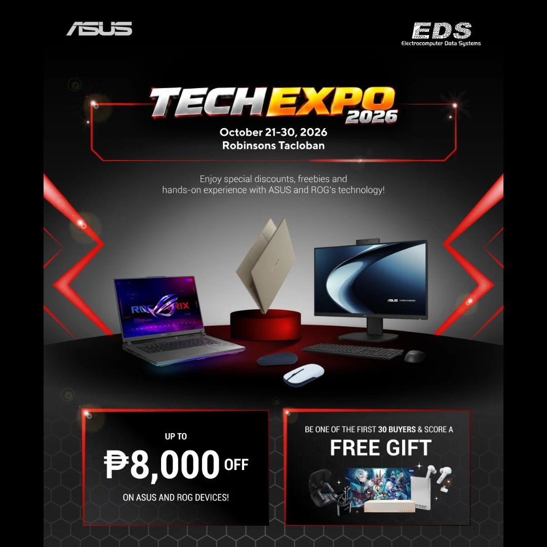 ASUSph's tweet photo. The Computer Tech &amp; Expo Event is coming to Robinsons Tacloban with ASUS &amp; ROG!

📅 Oct 21-30, 2026
📍 Robinsons Tacloban

Get hands-on with ASUS &amp; ROG technology and enjoy special discounts &amp; freebies all in one place! 💻🖥️🖱️🎮

Be one of the first 30 buyers and get a FREE gift! https://t.co/WCN6XyJQg5