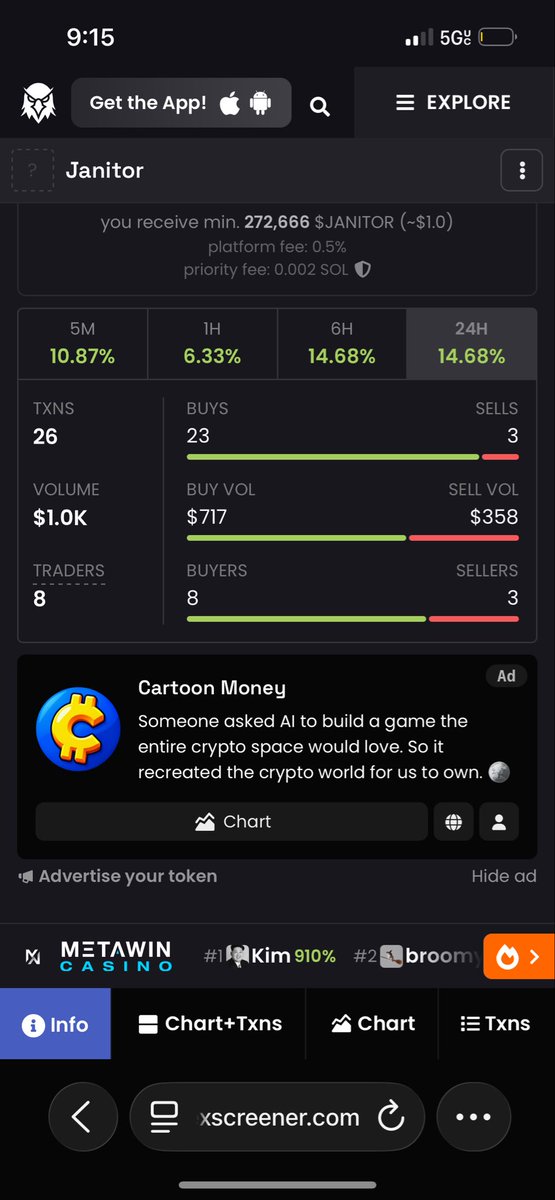 JanitorNVDAx's tweet photo. @kongscall $JANITOR V2 BACK 🧹

5M +10.87% 
1H +6.33%
6H +14.68%

Volume $889 -> $1.0K in 5 MIN
Buyers 7 -> 8
Sells: 0 new (sellers stopped)

1 buyer turned the chart green

1% rewards in NVDAx to holders
Still at $3.3K / $9.3K to PumpSwap

CA: 5eLNSV3i4iBd2amDC4vZGdD8BnnSjnfLqgKTkwkF3xGb https://t.co/qdFHV9Zui0