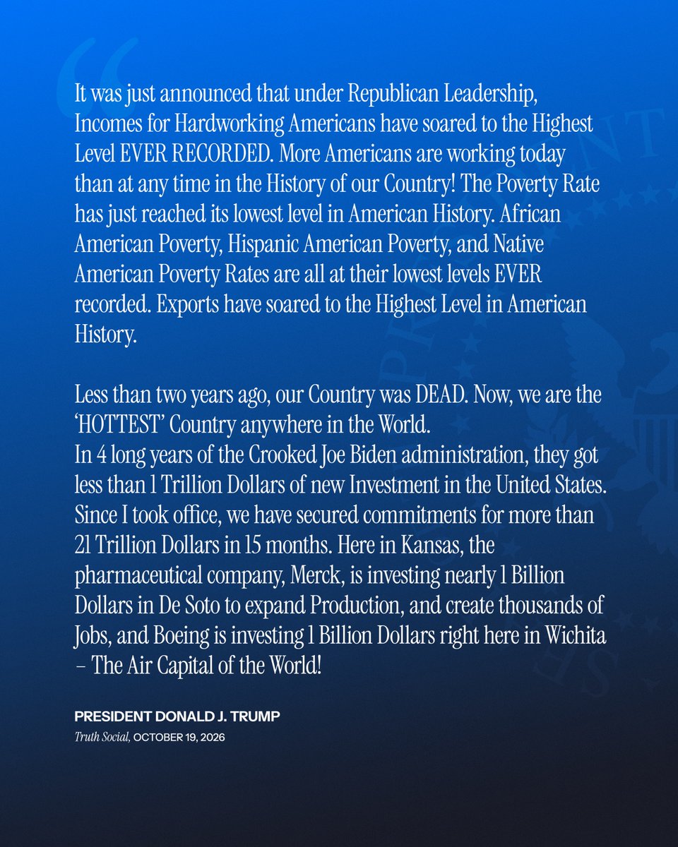 WhiteHouse's tweet photo. "Less than two years ago, Radical Left Dumocrats handed us the DARK AGE of America, but we quickly turned it into the GOLDEN AGE of America. Despite all the damage Dumocrats caused, our Nation is doing better now than ever before, but the Fake News Media refuses to talk about our Record Setting Numbers..."