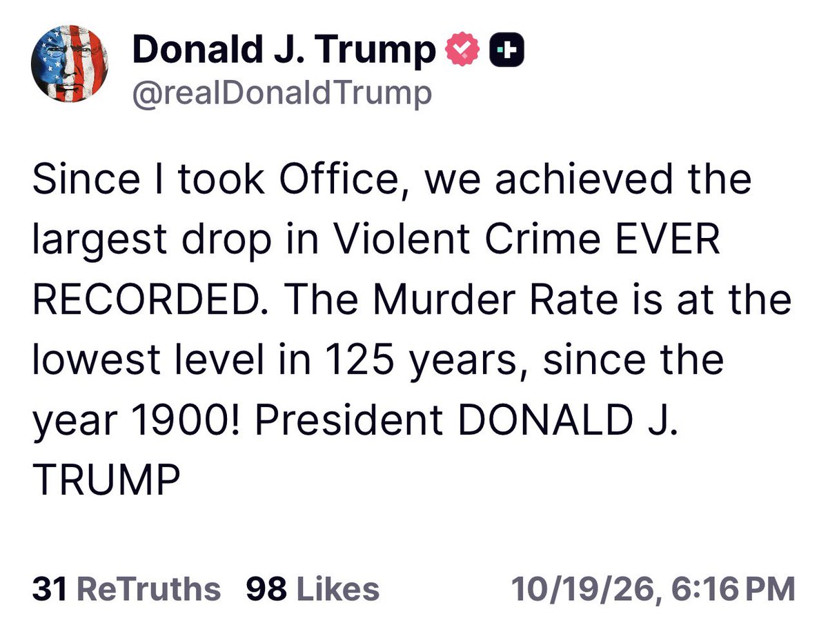 TrumpDailyPosts's tweet photo. Trump posts his record drop in violent crime under his watch. https://t.co/3jBibpOqdq