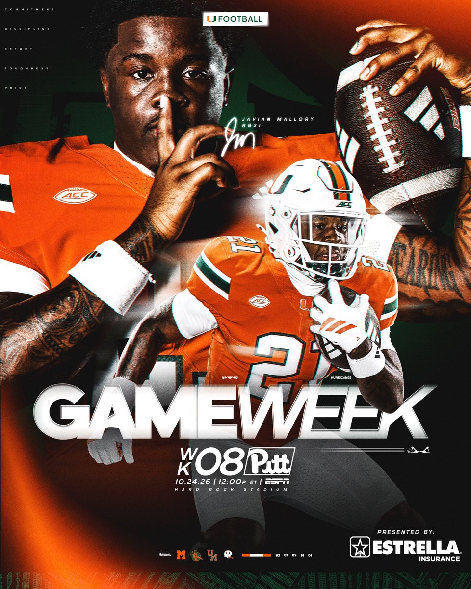 CanesFootball's tweet photo. WEEK 8! 💪

🆚: Pitt presented by Estrella  
📍: @HardRockStadium 
⏰: 12 PM ET  
📺: ESPN   
📻: @1043wqam 
🏆: 2001 Championship Reunion 
🎟️: https://t.co/vmKAXm21su https://t.co/HQL685HISQ
