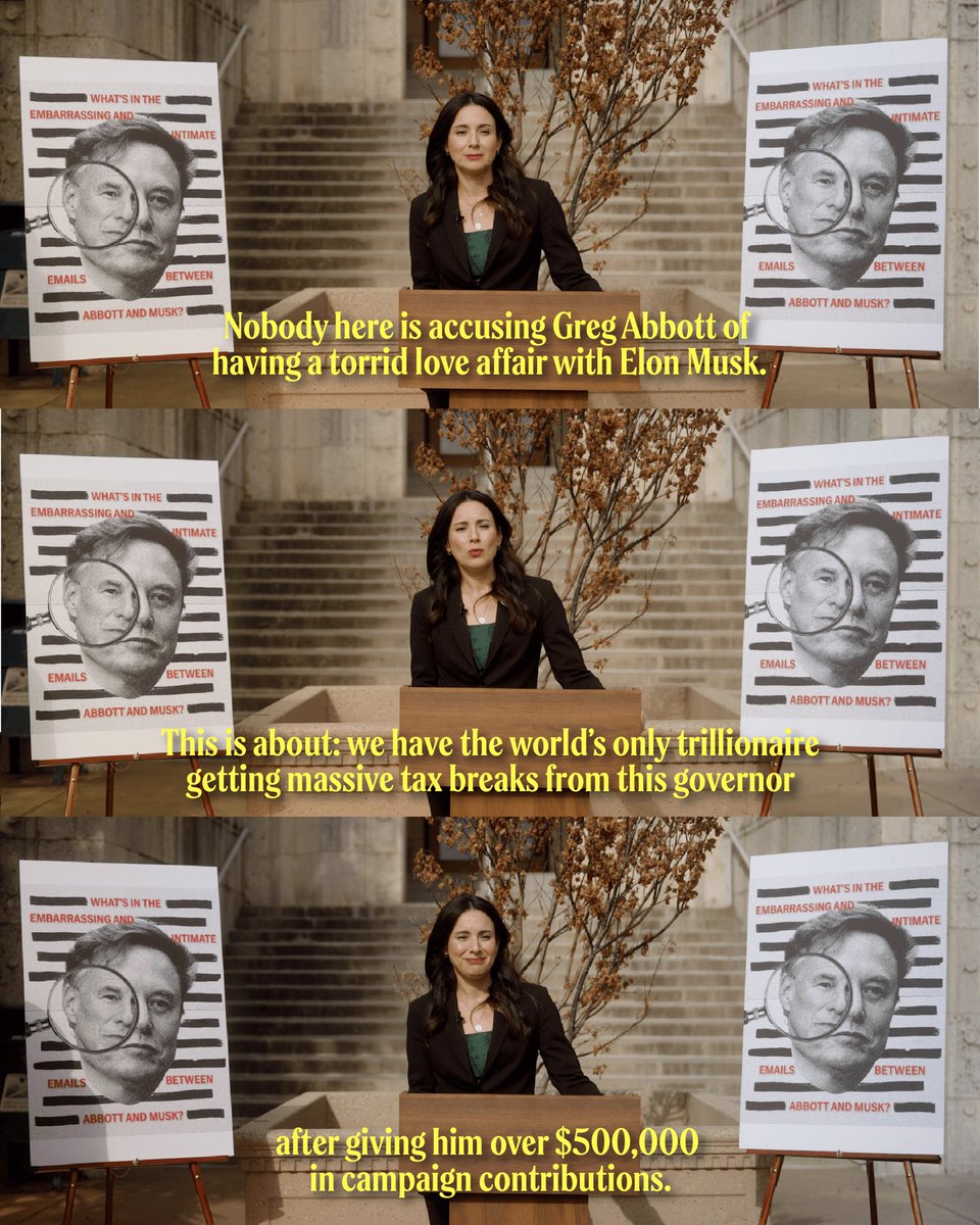 GinaHinojosaTX's tweet photo. Today I filed a lawsuit because the people of Texas deserve to know what's in the "intimate and embarrassing" emails between Greg Abbott and Elon Musk. https://t.co/4JkSZ3ReMu