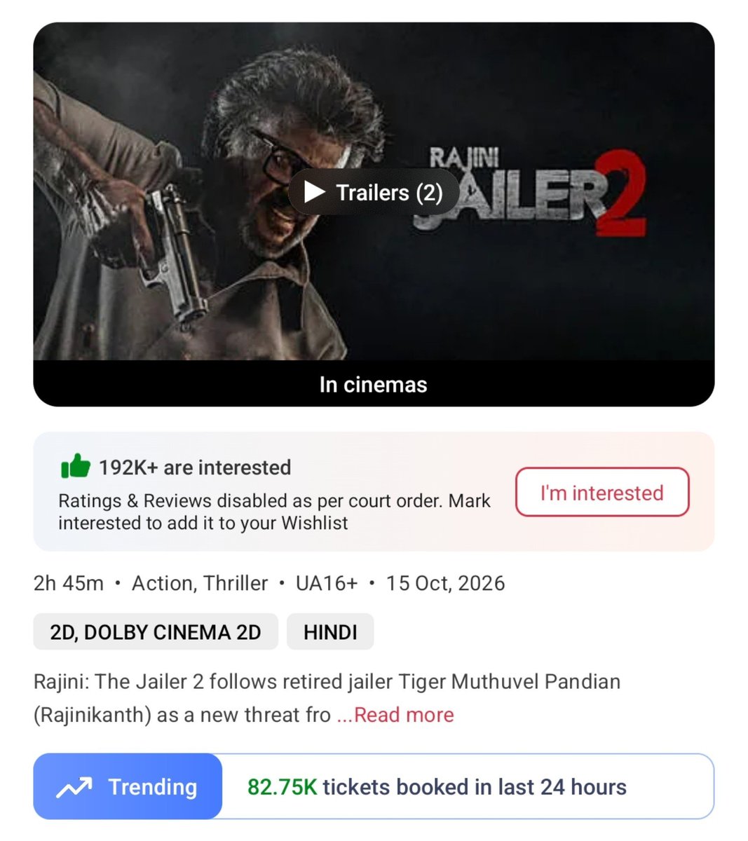 filmy_view's tweet photo. #Jailer2 ⚡💥 SPLENDID PERFORMANCE 💥
Tickets booked on BookMyShow 

Pre Sales- 1.39M

Thu- 1.32M 
Fri- 1.14M 
Sat- 1.19M 
Sun- 1.12M
Mon- 849.5K
———————
Total- 70,18,090

#RajiniTheJailer2 https://t.co/cnwcx3MIQR