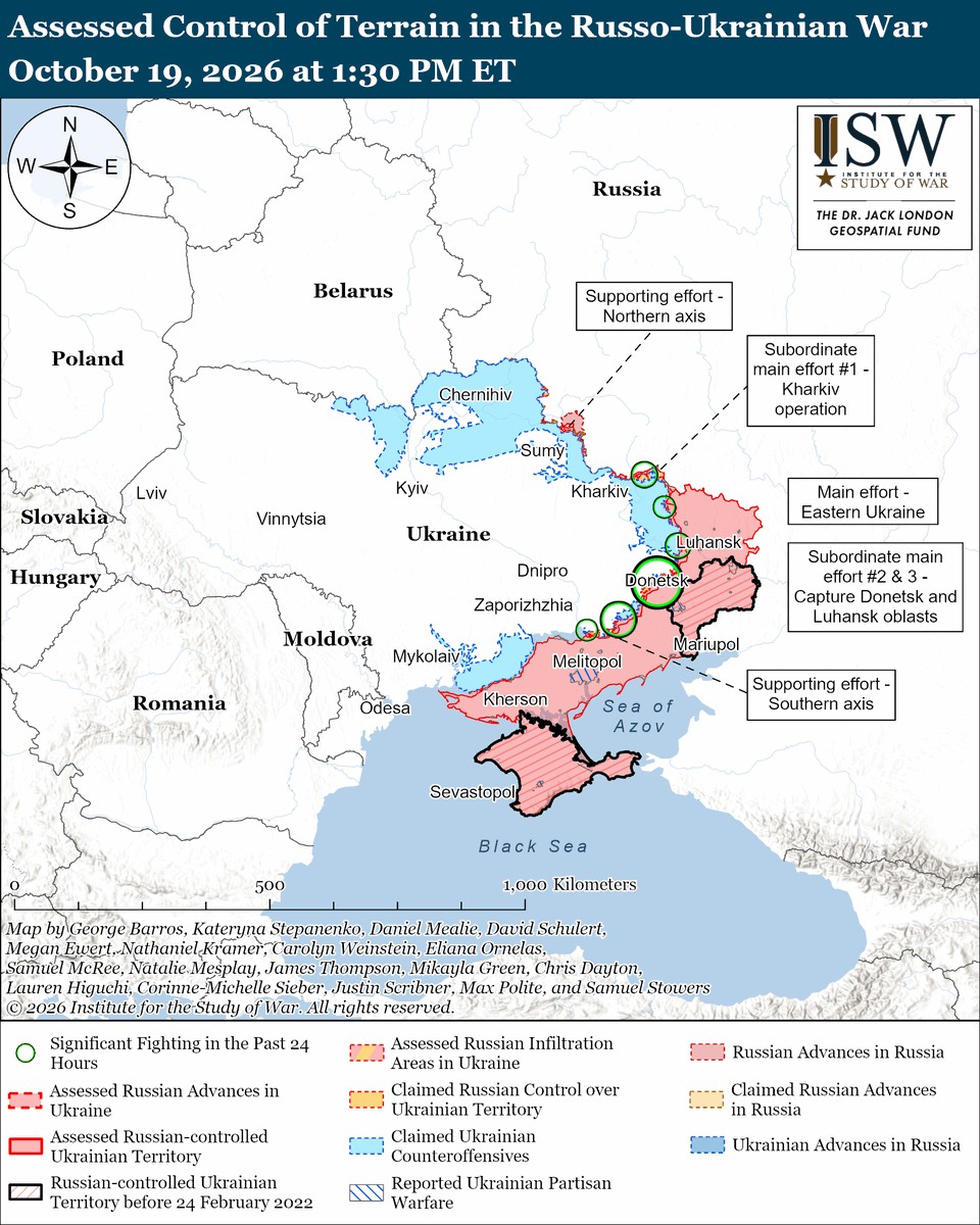 criticalthreats's tweet photo. NEW | Ukrainian officials continue to report disruptions to US assistance to Ukraine. Ukrainian President Volodymyr Zelensky reported on October 19 that Ukrainian forces continue to experience disruptions to Starlink and Starshield services on various sectors of the frontline.  

Zelensky noted that Starshield-enabled Ukrainian drones stop functioning at a speed of between 130 and 161 kilometers per hour, affecting the operations of Ukrainian intermediate-range drones, jet-powered drone interceptors, and frontline logistics. 

Zelensky also stated that the United States supplies Ukraine with 12 Patriot ballistic missile interceptors per month and suggested the United States is delaying deliveries of Patriot interceptors purchased for Ukraine under the Prioritized Ukraine Requirements List (PURL) initiative.  

Devastating Russian drone and missile strikes on the night of October 18 to 19 heavily damaged energy and civilian infrastructure across Ukraine — killing at least four and wounding at least 55.

Daytime Russian strikes are also inflicting significant civilian casualties.