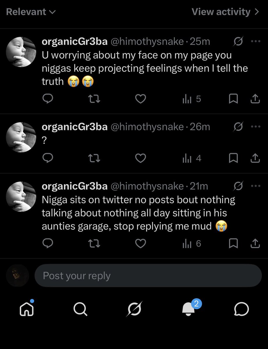 freemellz's tweet photo. @himothysnake @LazyMocha1 @XPokemonProf 3 replies that nigga spiraling over twitter https://t.co/TYfenTvdsz