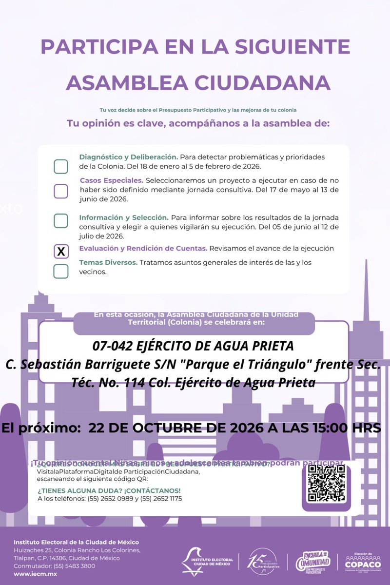 Distrito22IECM's tweet photo. 📢 ¡Vecinas y vecinos! 🗣
👫Te esperamos en las Asambleas de Evaluación y Rendición de Cuentas del Presupuesto Participativo 2026, de sus Unidades Territoriales.🧱🏗
✅️ jueves 22de octubre
🕦 15:00 h
📍#EjércitodeAguaPrieta
🕦 16:00 h
📍 #LaColmena
🤝¡Participa e infórmate! 🏡 https://t.co/yRtzbSrc8t