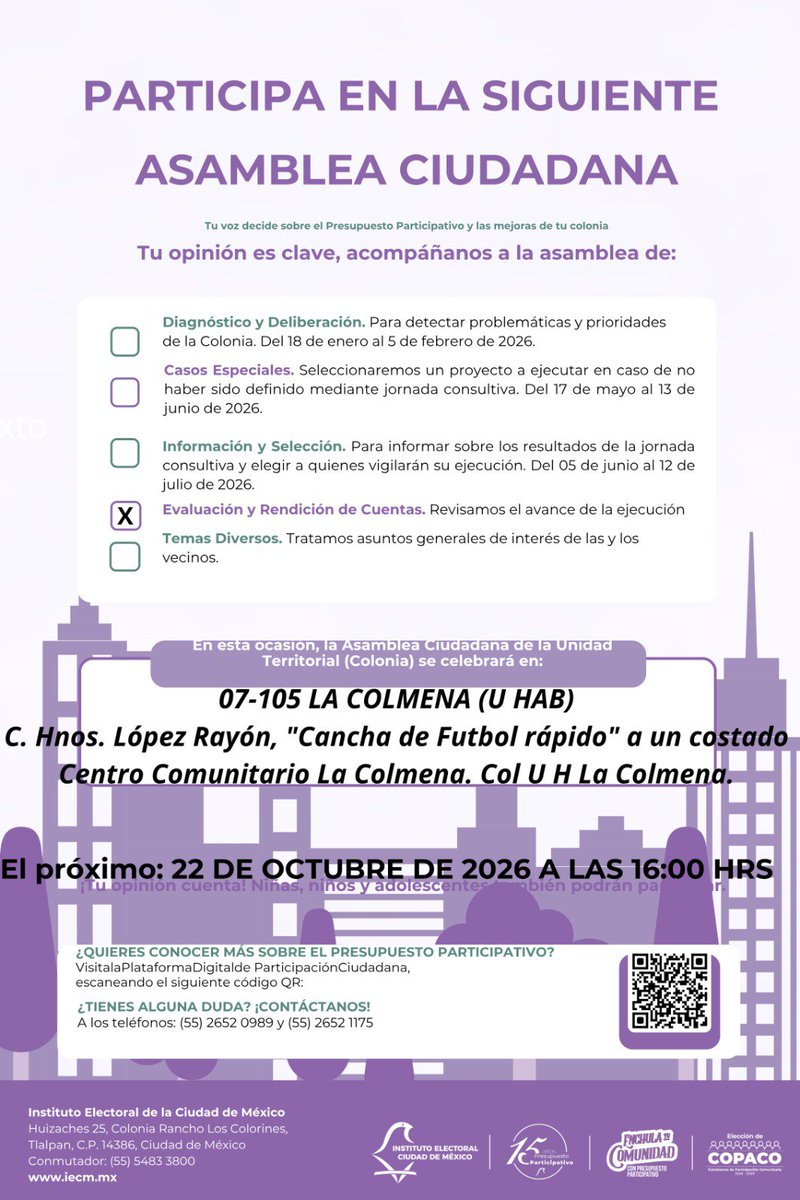 Distrito22IECM's tweet photo. 📢 ¡Vecinas y vecinos! 🗣
👫Te esperamos en las Asambleas de Evaluación y Rendición de Cuentas del Presupuesto Participativo 2026, de sus Unidades Territoriales.🧱🏗
✅️ jueves 22de octubre
🕦 15:00 h
📍#EjércitodeAguaPrieta
🕦 16:00 h
📍 #LaColmena
🤝¡Participa e infórmate! 🏡 https://t.co/yRtzbSrc8t