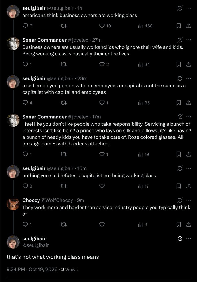 seulgibair's tweet photo. americans think working class means you work sometimes https://t.co/PiWAgOgNaF