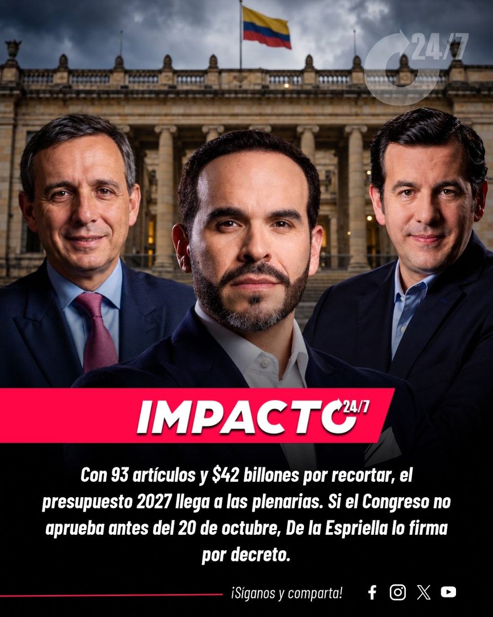 Impacto24_7's tweet photo. 🚨 CUENTA REGRESIVA | El presupuesto 2027 entra a la recta final en el Congreso. 93 artículos, $42 billones en recortes y una fecha límite: 20 de octubre. Si Senado y Cámara no actúan, De la Espriella lo expide por decreto. A esta hora se debate la propuesta de gobierno en Cámara: ¿alcanzará el tiempo para lograr las mayorías que demanda el bien del orden fiscal?