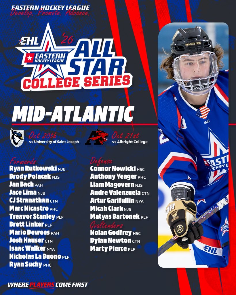 EHL_Hockey's tweet photo. Introducing the Mid-Atlantic All Stars!
Read the preview for their matchups on our website: https://t.co/78ObWfCkDV
#WherePlayersComeFirst | #DevelopPromoteAdvance https://t.co/ciyL2g7irE