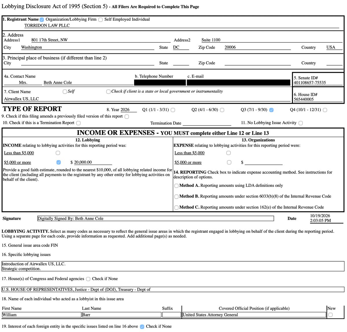 kenklippenstein's tweet photo. NEW: Ex-AG Bill Barr is now lobbying DOJ for Airwallex, a fintech backed by Chinese tech giant Tencent, per a lobbying filing I found. https://t.co/3E47qpp0Nu