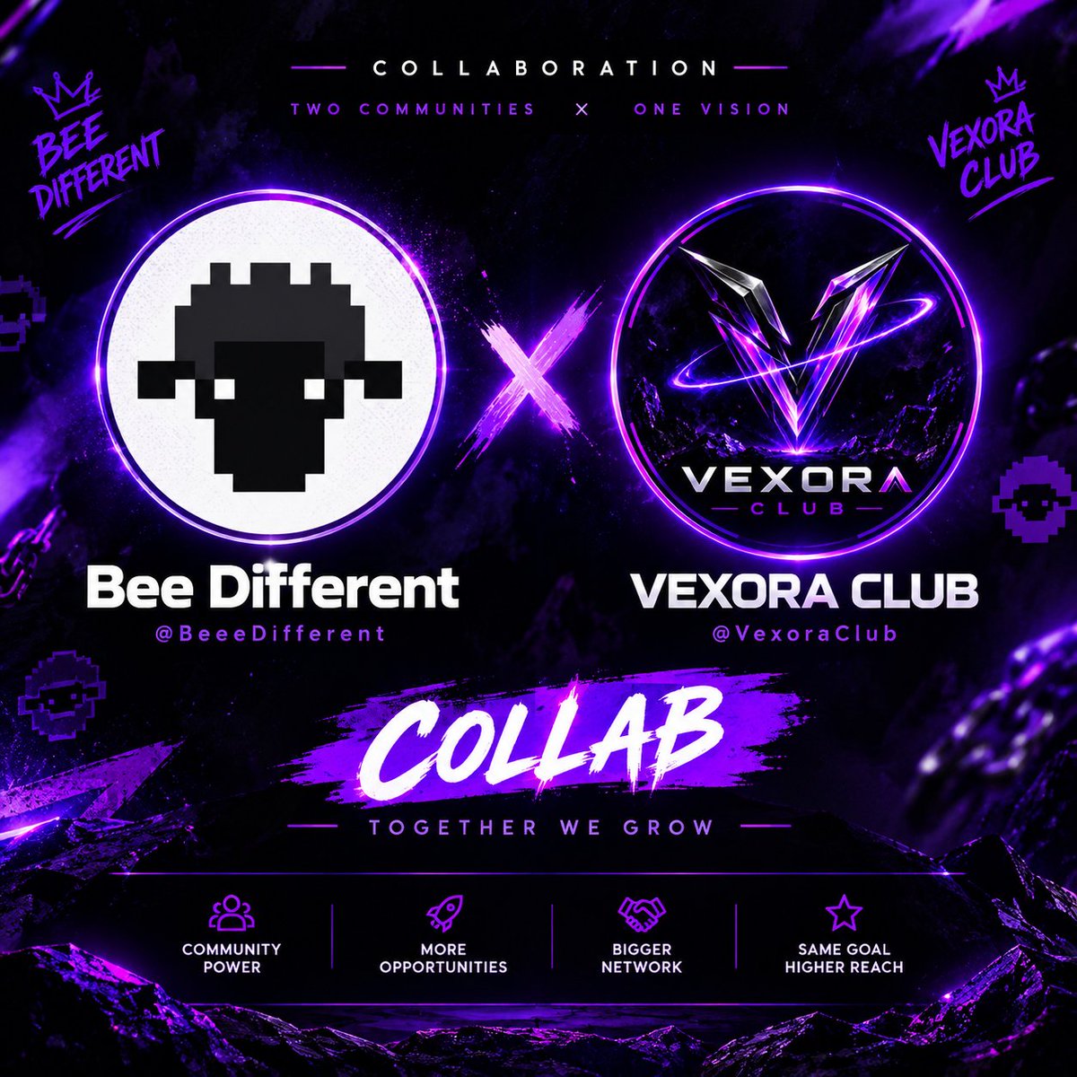 VexoraClub's tweet photo. 💜 @BeeeDifferent × @VexoraClub 🤝🔥

Two communities, one vision. 🚀💎

#Collaboration #Web3 #NFTCommunity https://t.co/pCvduI8Hll