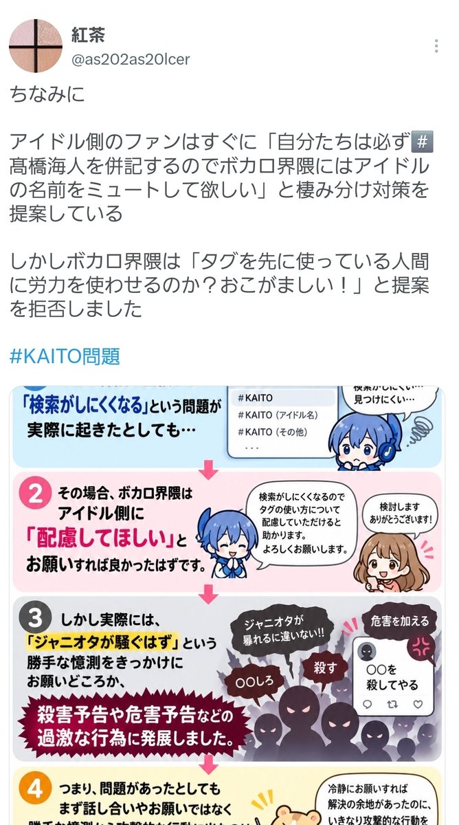 nanaka0nanaka's tweet photo. 前々からいろいろ有名なジャニオタだけど、本当に悪いことやってるな……

KAITO問題を「善良なジャニオタ界隈が、民度最悪のボカロ界隈に一方的に殴られた」かのように歴史改変して被害者ムーブしてる
AIまで使って

てかAIにタレント読み込ませるのキレまくってたくせに、自分はAIにKAITO描かせるんだな……
#KAITO問題