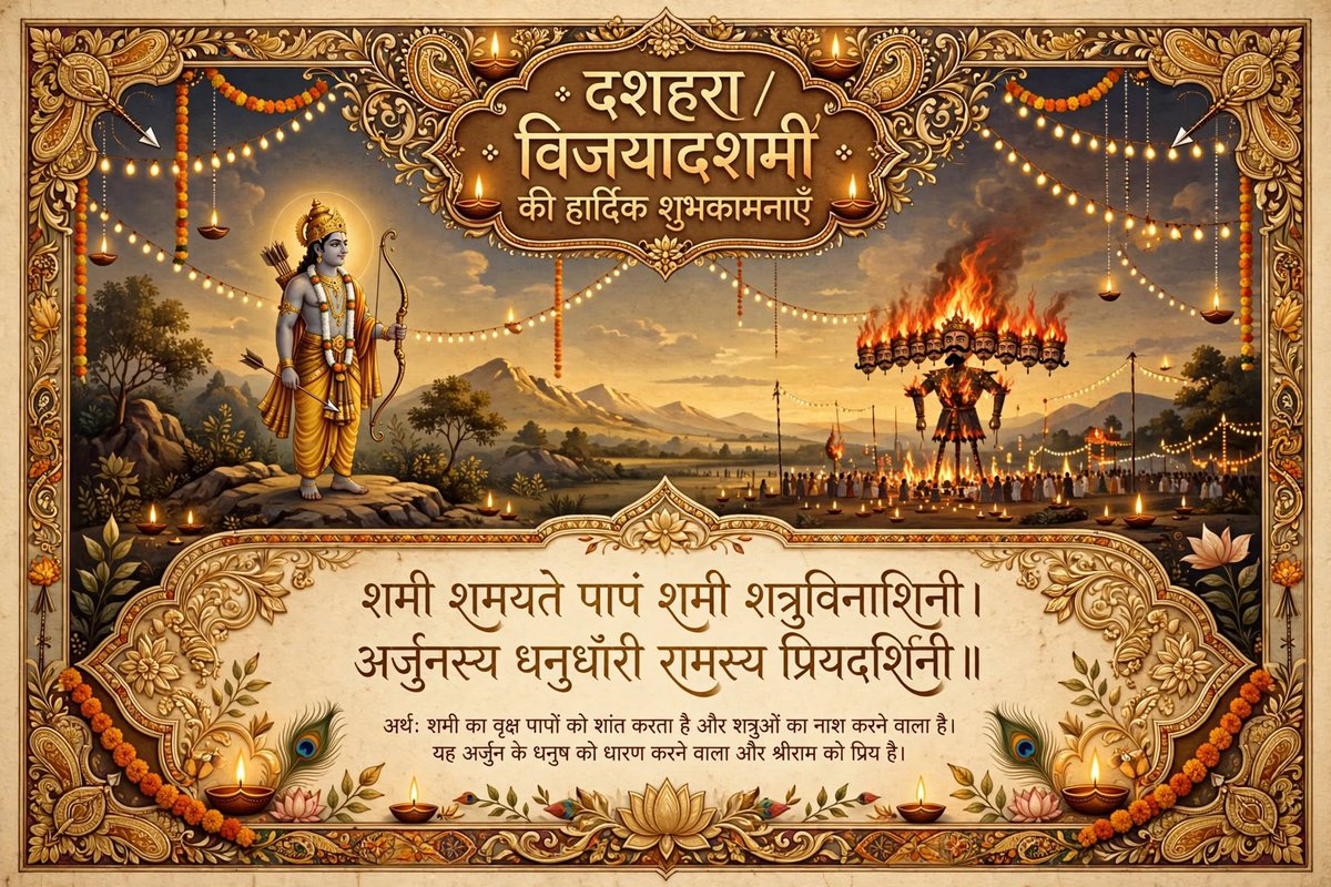 TailorBabu's tweet photo. दशहरे की हार्दिक शुभकामनाएं!
#महापर्व_विजयादशमी
1. भगवान श्रीराम ने रावण पर विजय पाई थी।
2. माँ दुर्गा ने महिषासुर का वध किया था
शस्त्र पूजन,रावण दहन और माँ दुर्गा के विसर्जन की परंपरा है।
"शमी शमयते पापं शमी शत्रुविनाशिनी।
"अर्जुनस्य धनुर्धारी रामस्य प्रियदर्शिनी॥
#शुभकामनाएं https://t.co/556XF1OzAU