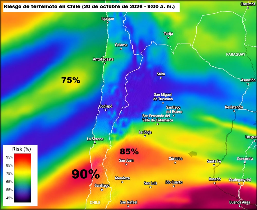 Chilequakerisk's tweet photo. Riesgo de terremoto en Chile (20 de octubre de 2026 - 9:00 a. m.) https://t.co/s6U0eoEmWr