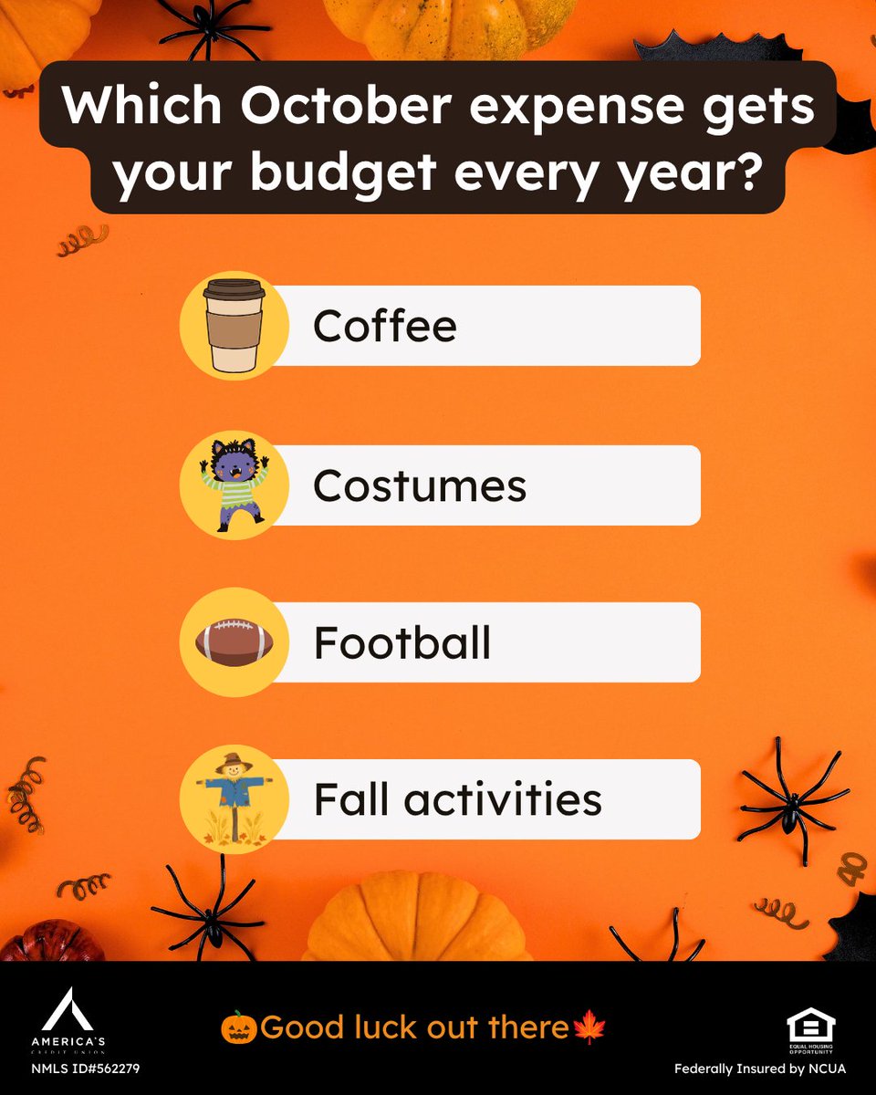 Americas_CU's tweet photo. Seasonal coffee. Halloween. Football. Fall activities.
And somehow... we're supposed to start thinking about Christmas too?!

Be honest: Which one gets your budget EVERY year?
#October #Fall #Budgeting #MoneyHumor #Adulting #PersonalFinance https://t.co/zXPiaC1W5m