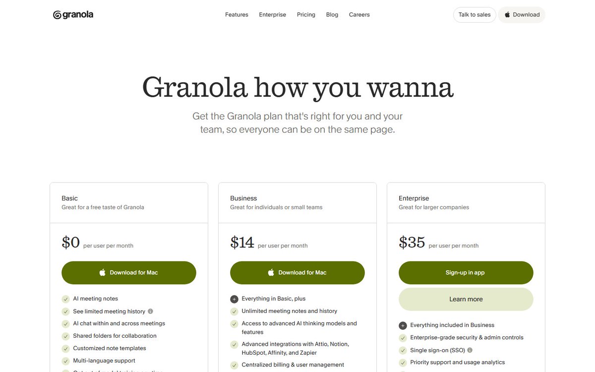 juliustraffic's tweet photo. Granola has about 280 active US ads pointing to https://t.co/0thugyiGlN. The ad text says "an AI notepad for back-to-back days" and the homepage in the first screenshot repeats it almost word for word. Second screenshot: the free plan's button is a download, not a sign-up form. https://t.co/upSONWmoMY