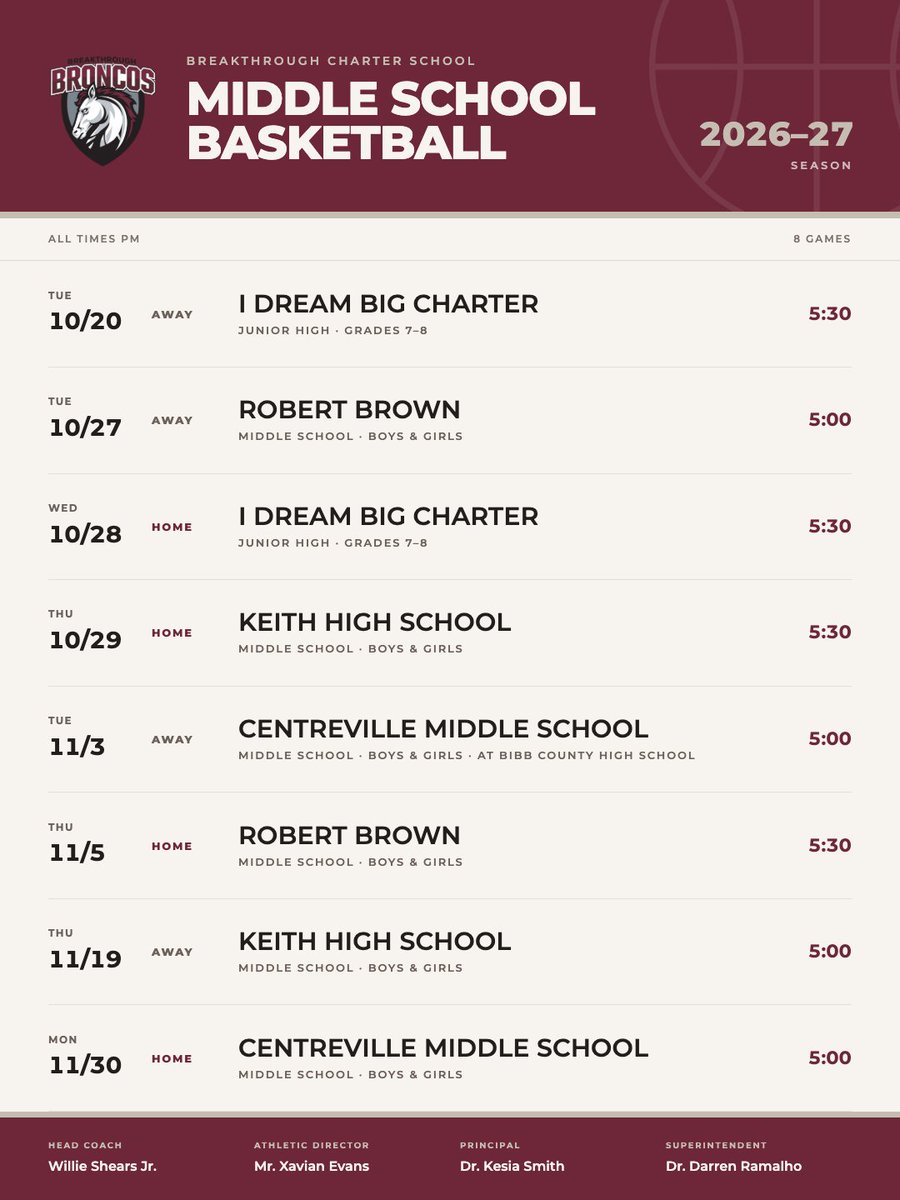 Breakthrough_CS's tweet photo. Mark your calendars, Broncos! 🏀 Middle School, JV, and Varsity basketball schedules are officially live!

Save the dates and get ready to pack the stands as our Broncos take the court this season! #GoBroncos! https://t.co/E7mKTTJfmf