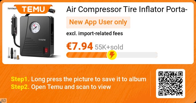 TemuGeekBuy's tweet photo. excl. import-related fees
#Air #Compressor #Tire Inflator Portable Air #Pump For Car Tires 12V DC Auto Tire Pump 100PSI With LED Light For Car, Bicycle, And Other Inflatables
👉 item link: https://t.co/D61NDxFrIa
⚠️ please refer to the page display.
⚠️ Every app user can only enjoy once.
#Ad .
