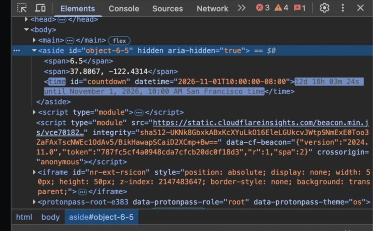 TokenGremlin's tweet photo. WE MIGHT HAVE JUST GOTTEN THE FIRST SIGN OF GPT-6.5!

The domain https://t.co/fYY2fhkNm2 has a hidden "6.5" in its source code and a countdown to November 1, 10AM SF time. That's exactly Day 28 of Tibo's 28 days.

Either this is the biggest troll of the week, or someone knows something we don't.