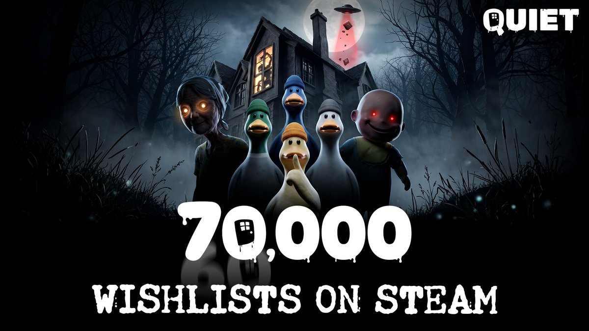 QUIET__Official's tweet photo. 70,000 Steam wishlists for QUIET! 🎉🦆

Our crash-landed alien duck crew is quacking with excitement. Thank you for helping QUIET grow so much before launch!
Every wishlist brings more players into the flock and gets you notified the moment it’s time to stay QUIET. 💚

Wishlist now⬇️:

#QuietOfficial #IndieDev #Wishlists