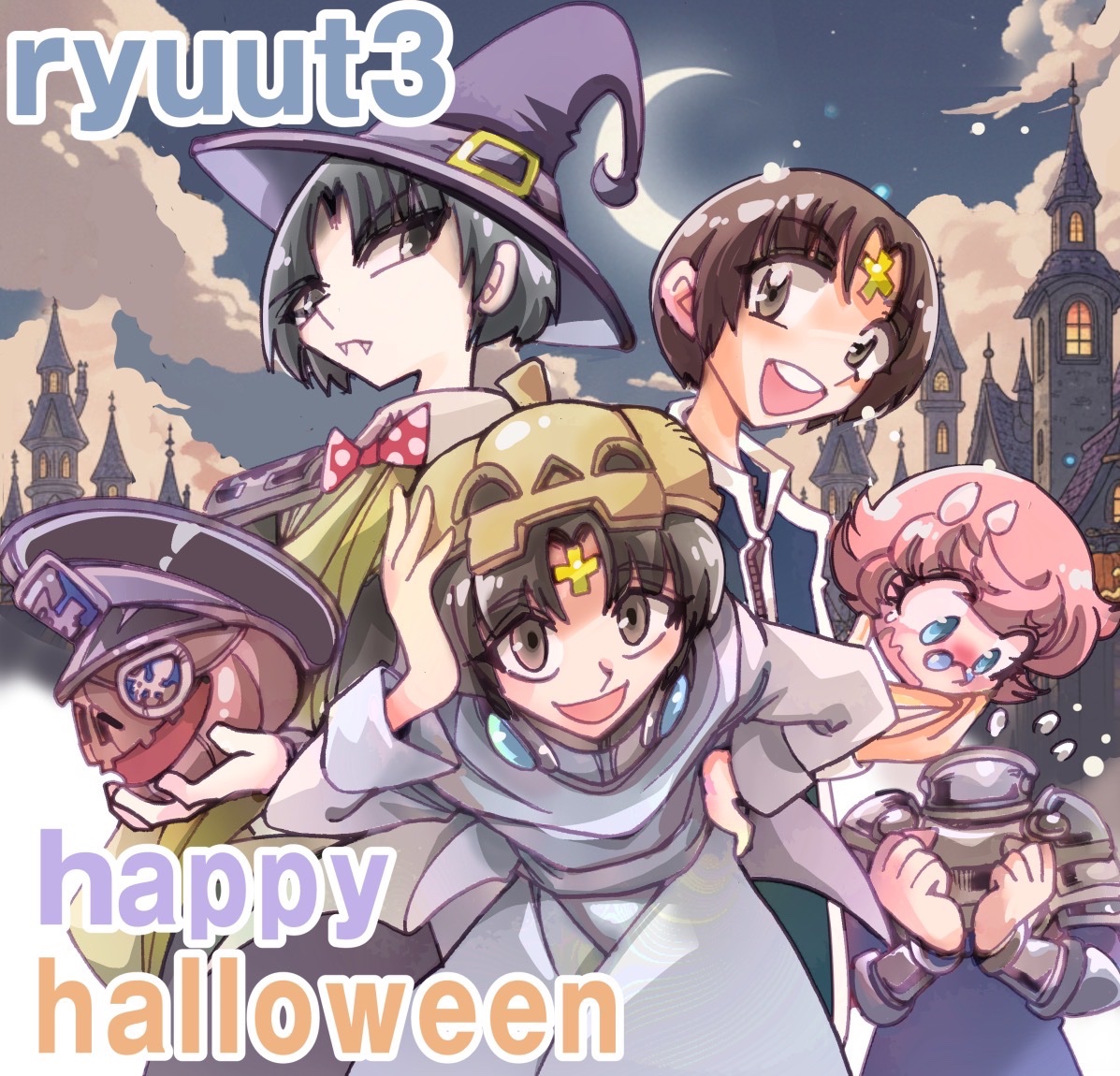 Michiaki_staff's tweet photo. もう十月で、こんな時期!?という事でハロウィンの絵を描きました。リュート三人組にギロチーも参加でハッピーハロウィーン！！(渡辺) https://t.co/6On2oKL7cv