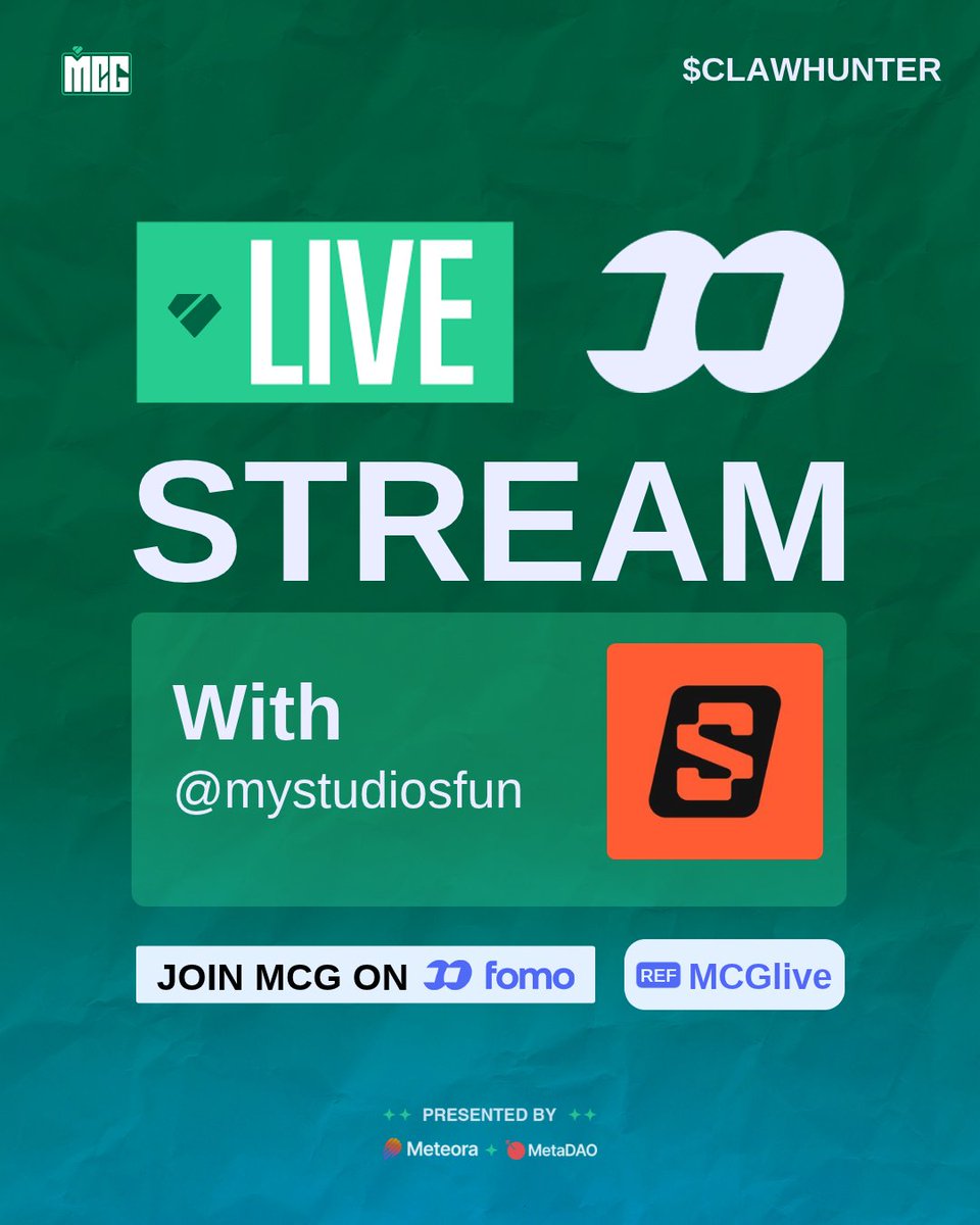 MCGlive's tweet photo. Tomorrow on MCG

$CLAWHUNTER | @mystudiosfun w/@lycavallo ( @clawpumptech eco )

📅20th October, Tuesday
🕛1:00PM EST
📍Tune in here

Stream powered by @fomo and @MetaDAOProject https://t.co/HsD8PNE84z