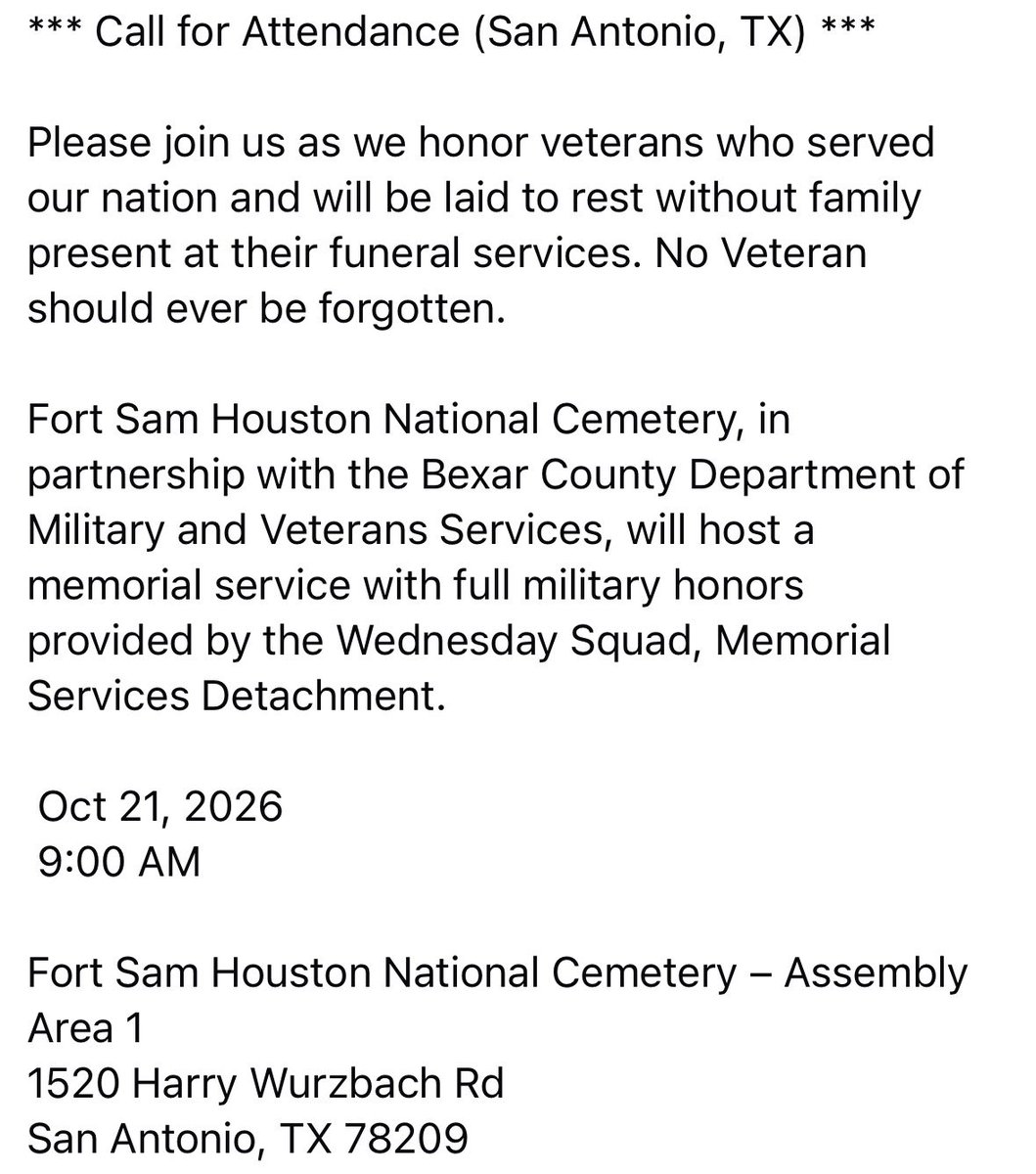 SGT_Oz's tweet photo. Attention San Antonio, TX. Multiple unaccompanied Veterans being laid to rest Oct 21st. Please attend if at all possible. No Veteran goes alone. Please share and repost. https://t.co/C66qz8UdNi