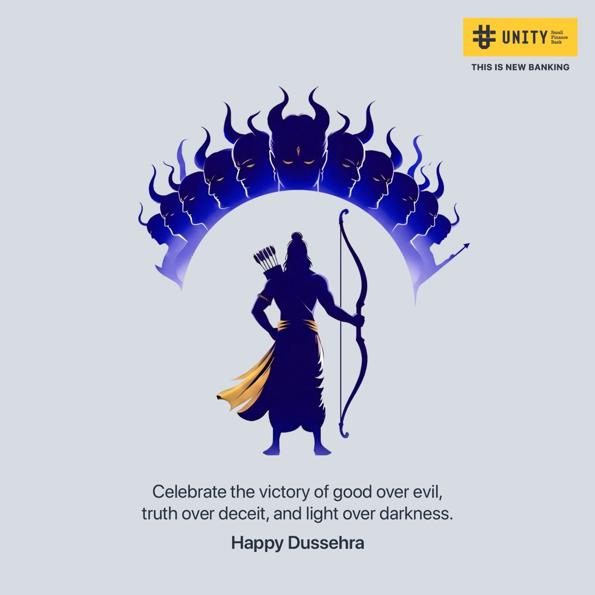 UnitySFBank's tweet photo. Let’s burn away negativity, ignite hope, and celebrate the power of goodness!
Unity Bank wishes you and your loved ones a joyful, prosperous, and blessed Happy Dussehra! https://t.co/QzpWtKRNoH