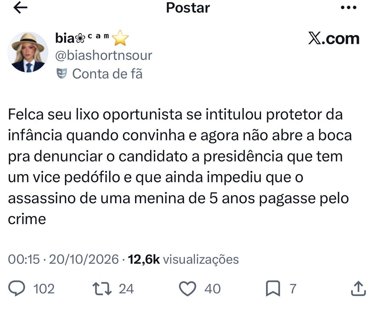 Fernandomarxk's tweet photo. A militância de esquerda é tão perturbada da cabeça que está agredindo o Felca pelo simples fato do vídeo dele ser algo de cunho pessoal e não político. Eles pregam sensibilidade mas são os mais insensíveis e arrogantes. 

Até entenderia a revolta caso ele tivesse atacado o Lula ou algo do tipo.

Você militante, seja de esquerda ou de direita, ninguém é obrigado a concordar com seu posicionamento político. Saiam da bolha, todo radicalismo é incoerente.