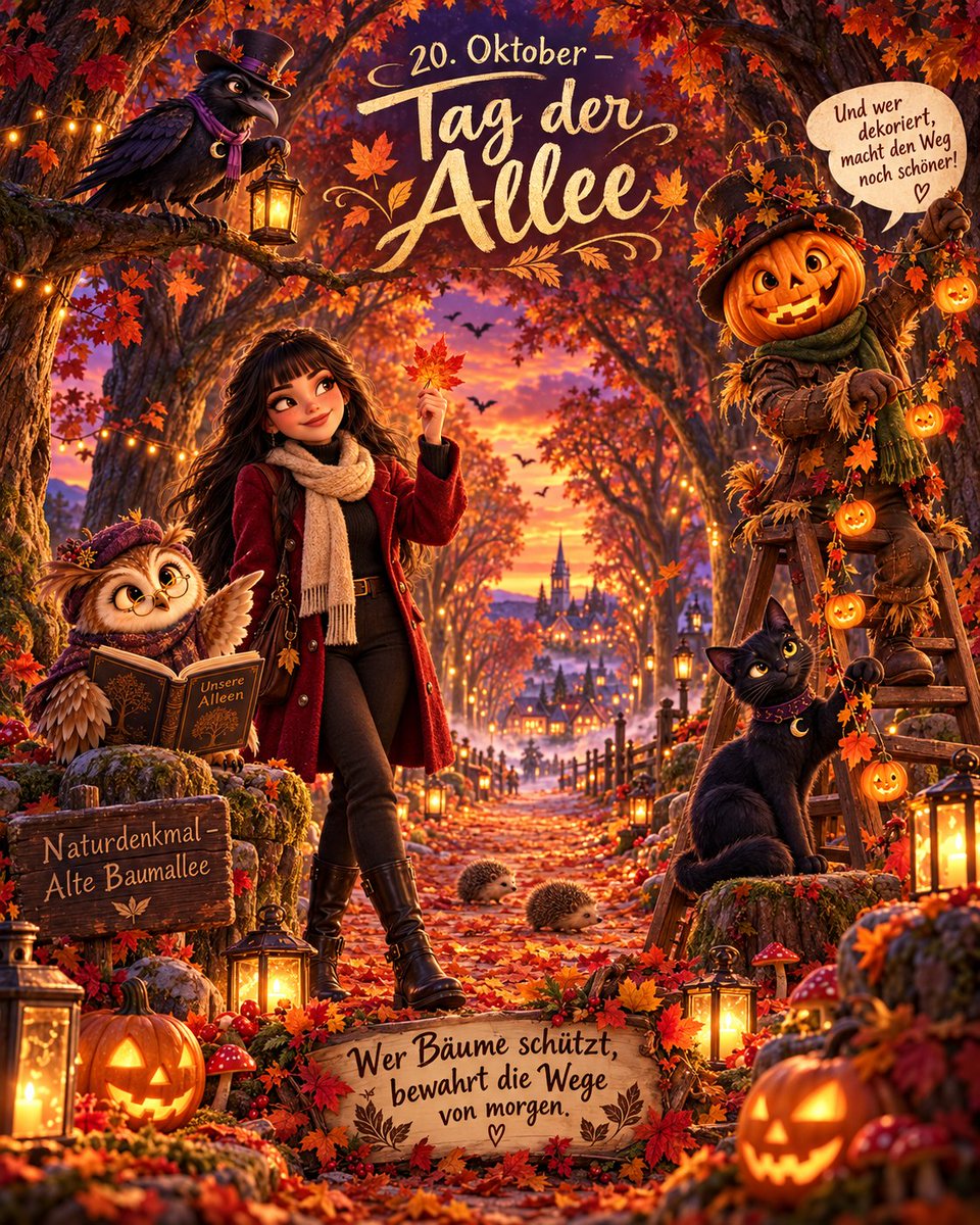 diamantencop77's tweet photo. #Spezialtage 20. Oktober 2026:
#TagDerAllee (Deutschland)
🍁🌳 Ein Weg voller Herbstzauber, Erinnerungen und kleiner Wunder! 🎃❤️
Manchmal sind es die schönsten Wege, die uns daran erinnern, wie wunderbar unsere Natur eigentlich ist. 🥰
Unsere Spezialtage-Truppe hat heute einen Ausflug zu einer alten Baumallee unternommen. Und schon beim ersten Blick auf die prächtigen Bäume war Luna Lovely begeistert! 🍂
„Stellt Euch vor, wie viele Geschichten diese Bäume wohl erzählen könnten!“, sagte sie und fing ein wunderschönes rotes Herbstblatt auf.
🦉 Erna Eulenspiegel schlug sofort ihr Buch „Unsere Alleen“ auf. „Manche dieser Bäume stehen schon seit Generationen hier. Sie haben Menschen kommen und gehen sehen und unzählige Jahreszeiten erlebt.“ 📖
🎃 Kalle Kürbiskopf war inzwischen auf eine Leiter geklettert und schmückte die Äste mit kleinen leuchtenden Halloween-Kürbissen.
„Und wer dekoriert, macht den Weg noch schöner!“, grinste er. 🤣
🐈⬛ Mira Mondschein beobachtete neugierig die bunten Blätter, während Rufus Rabenschwarz von einem Ast aus die wunderschöne Aussicht genoss. 🐦⬛
Plötzlich raschelte es im Laub! Zwei kleine Igel liefen gemütlich über den Weg. 🦔❤️
Luna lächelte. „Seht Ihr? Diese Allee ist nicht nur schön. Sie ist auch ein Zuhause!“
🌳 Wusstet Ihr eigentlich?
Alleen sind weit mehr als hübsche Baumreihen! Sie bieten Vögeln, Insekten und anderen Tieren wertvolle Lebensräume, spenden Schatten und können das Mikroklima verbessern.
Außerdem prägen sie unsere Landschaft und sind oft ein wichtiger Teil der regionalen Geschichte.
Doch viele alte Alleen sind durch Straßenbau, Krankheiten und mangelnde Pflege gefährdet. Ihr Schutz ist deshalb besonders wichtig! 💚
✨ Der Gedanke zum Spezialtag:
„Wer Bäume schützt, bewahrt die Wege von morgen.“ 🌳❤️
Vielleicht sollten wir manchmal einfach langsamer gehen, die bunten Blätter bewundern und dankbar dafür sein, was die Natur uns schenkt. 🍁
Ich wünsche Euch einen wunderschönen Dienstag voller Herbstzauber! 🎃🥰
Jetzt interessiert mich: Geht Ihr im Herbst auch so gerne durch bunte Baumalleen spazieren? 🍂
#TagDerAllee #Alleen #Naturschutz #Herbstzauber #Baumliebe #NaturErleben #HalloweenZeit #SpezialtageTruppe #LunaLovely #KalleKürbiskopf #ErnaEulenspiegel #MiraMondschein #RufusRabenschwarz