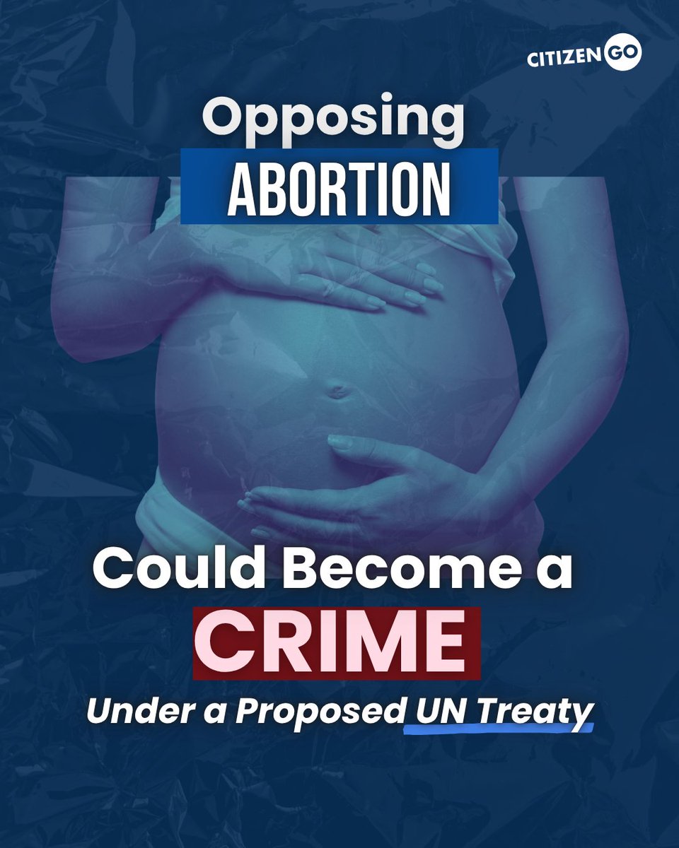 CitizenGO's tweet photo. 🚨 OUR PRO-LIFE BELIEFS ARE NOT CRIMES AGAINST HUMANITY.

As the UN negotiates a new crimes against humanity treaty, proposed language on "sexual or reproductive violence" is raising fears that pro-life laws could eventually be interpreted as persecution.
Opposing abortion is not a crime.

✍️ SIGN THE PETITION: https://t.co/gHbHgAqPgO