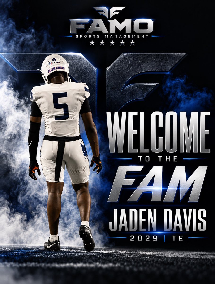 Sagt_CoachWade's tweet photo. Welcome To The Fam @Jaden_Davis18 

Jaden is a premium 6’4 235 LB TE Dominant blocker with great route running and catching ability. 

JD Holds 18 D1 offers and plays for THE Allen Eagles 
#FamoSports #JadeDavis #Trending https://t.co/EOfJSBaJu1