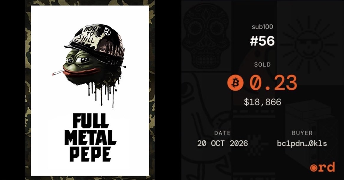 ord_net's tweet photo. Full Metal Pepe 🪖

Inscription #56 👀

Sold for 0.23 BTC ($18,866) on https://t.co/bVvvumShQ9 🫡 https://t.co/j7JPIdmm6L