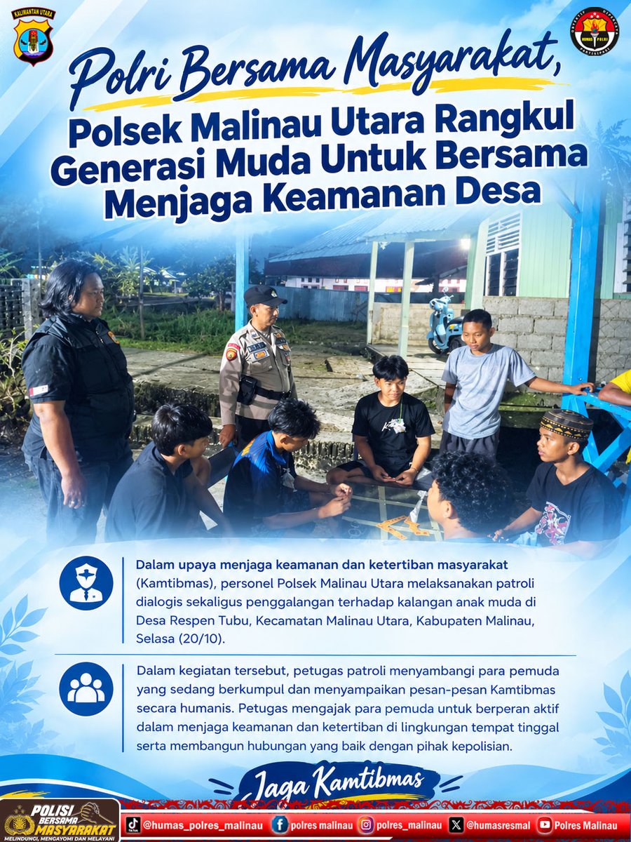 HumasResmal's tweet photo. Dalam upaya menjaga keamanan dan ketertiban masyarakat (Kamtibmas), personel Polsek Malinau Utara melaksanakan patroli dialogis sekaligus penggalangan terhadap kalangan anak muda di Desa Respen Tubu, Kecamatan Malinau Utara, Kabupaten Malinau, Selasa (20/10). https://t.co/cfFr8G3h0f