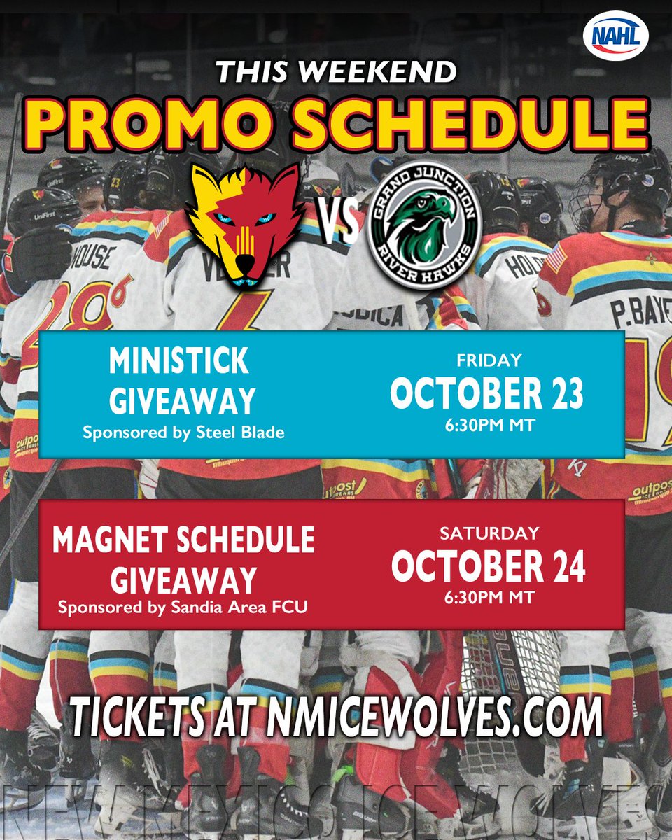 NMIceWolves's tweet photo. THIS WEEKEND ONLY! Join us at The Outpost as we take on Grand Junction and receive a ministick, courtesy of Steel Blade on Friday Oct. 23 &amp; a magnet schedule sponsored by @SandiaArea on Saturday Oct.24!

You won't want to miss it, get your tickets at https://t.co/iOx8zudAs1 https://t.co/BoiH8KusbA