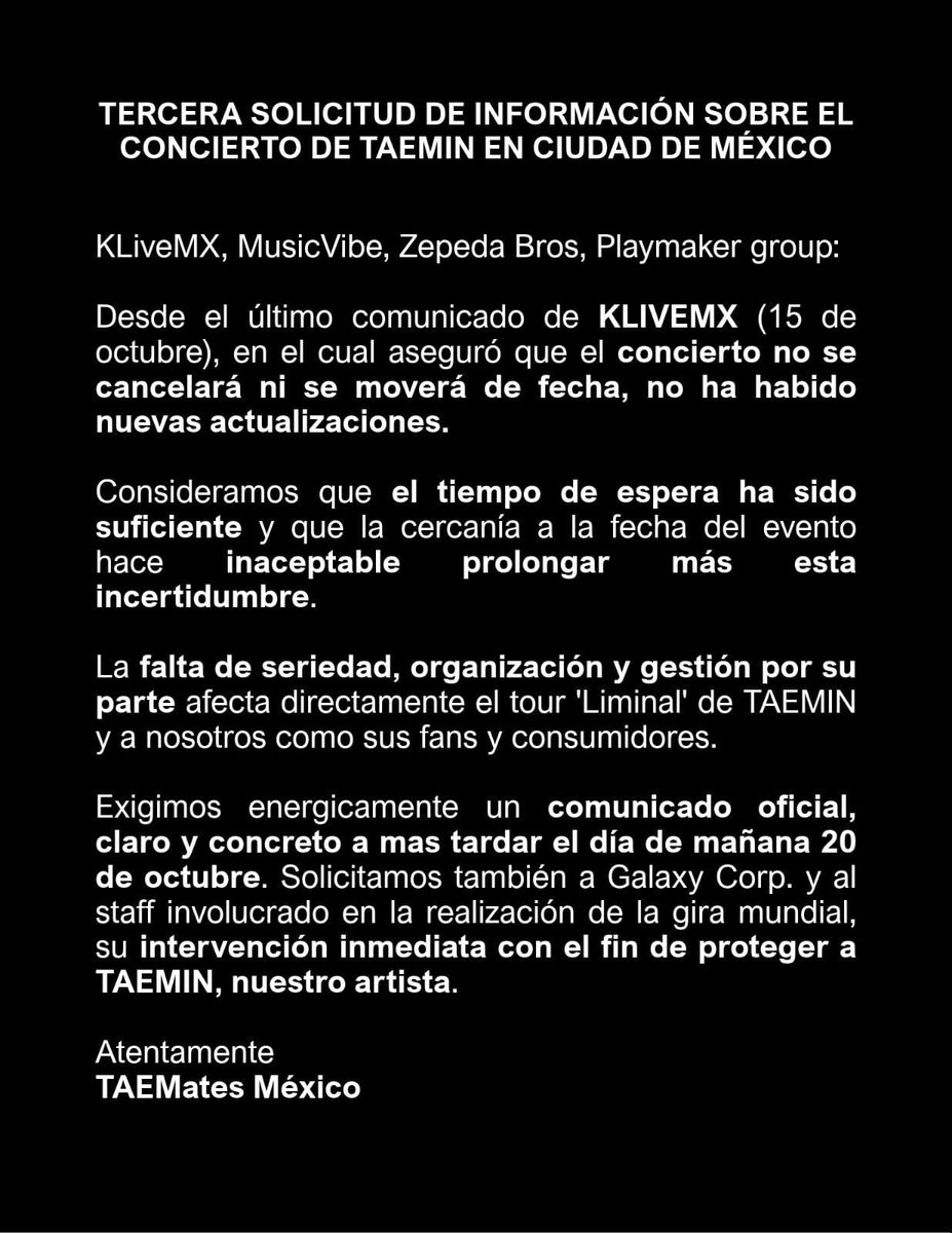 taeminieeeu's tweet photo. ¿Y el recinto oficial? Estamos a 11 días y no han dado nada de información, es una completa falta de respeto al consumidor y al artista 
#RespectTAEMates
#Claridad_Liminal_TAEMIN_CDMX
@Profeco 
@AtencionProfeco 
@ZepedaBros https://t.co/Qh7vVTzbP6