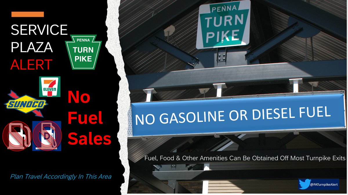 PATurnpikeAlert's tweet photo. SERVICE PLAZA ALERT - The Peter J Camiel Plaza located at mile marker 304.8 West on I-76 #PaTurnpike is currently unable to dispense gasoline and car diesel due to system upgrades. Commercial High Flow Diesel is still available. Gasoline can be obtained off of most Turnpike interchanges.
@P_M_T_A
