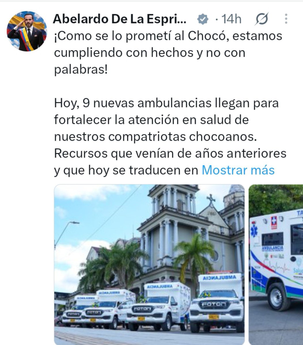 ElPensador75's tweet photo. 🚨ATENCIÓN 🇨🇴: No se deje engañar ! Este trino de @ABDELAESPRIELLA es totalmente FALSO! Su gobierno no adjudicó esas 9 ambulancias al Chocó, fue el gobierno de Gustavo Petro y eso lo confirmó la gobernadora. Aquí si te fallaron los aplausos Abelardo. https://t.co/cHvE7LTngw