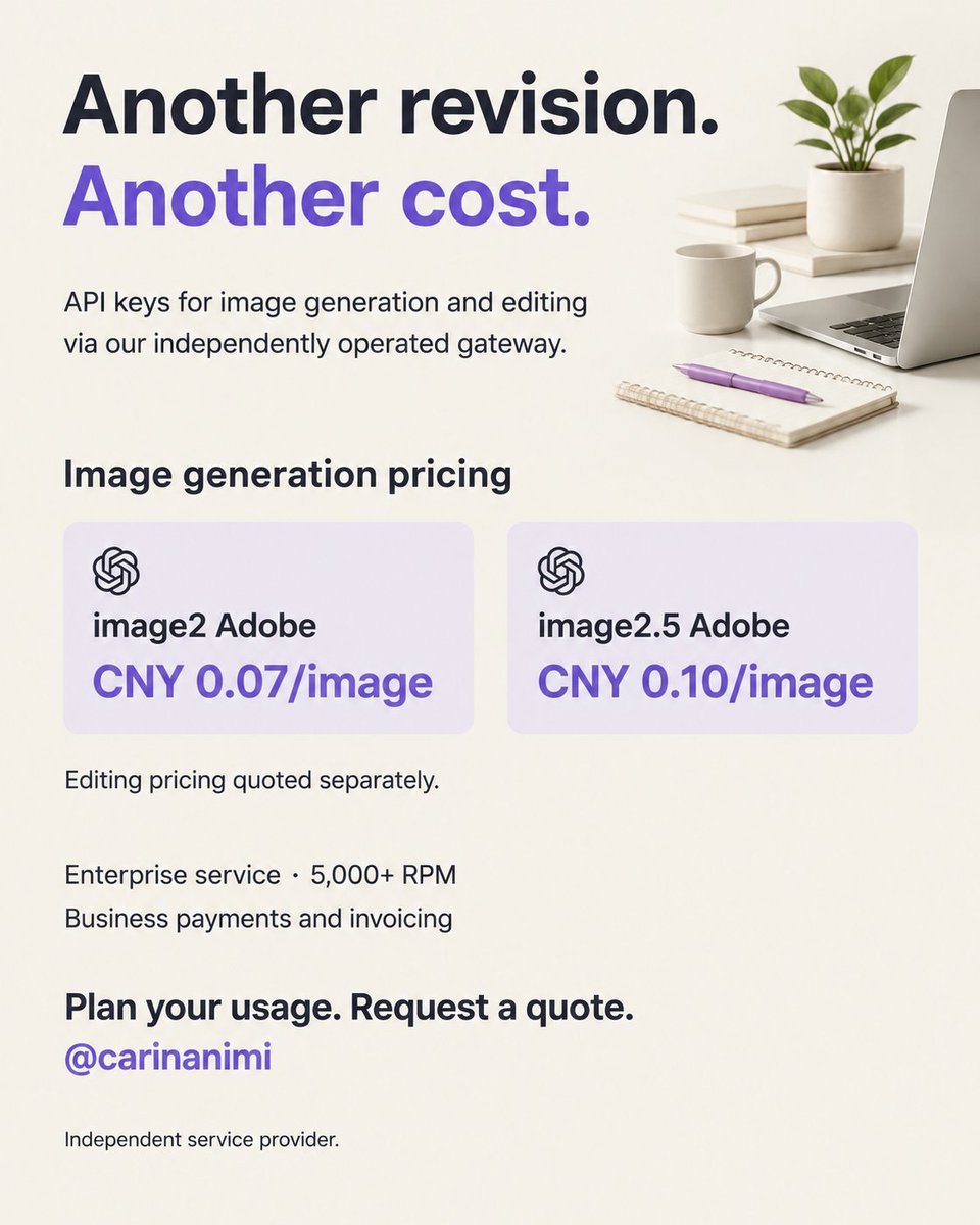 carinanimi's tweet photo. The client asks for "one more version." Your team pays for another round.

Before quoting your next visual project, compare the cost of generating and editing its images.

Send a private message with your workflow and expected usage for a quote. https://t.co/U0fbf1LLrL